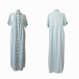 Kiko Vintage Button-Down Maxi Length Lagenlook Lime Green 100% Linen Dress Large